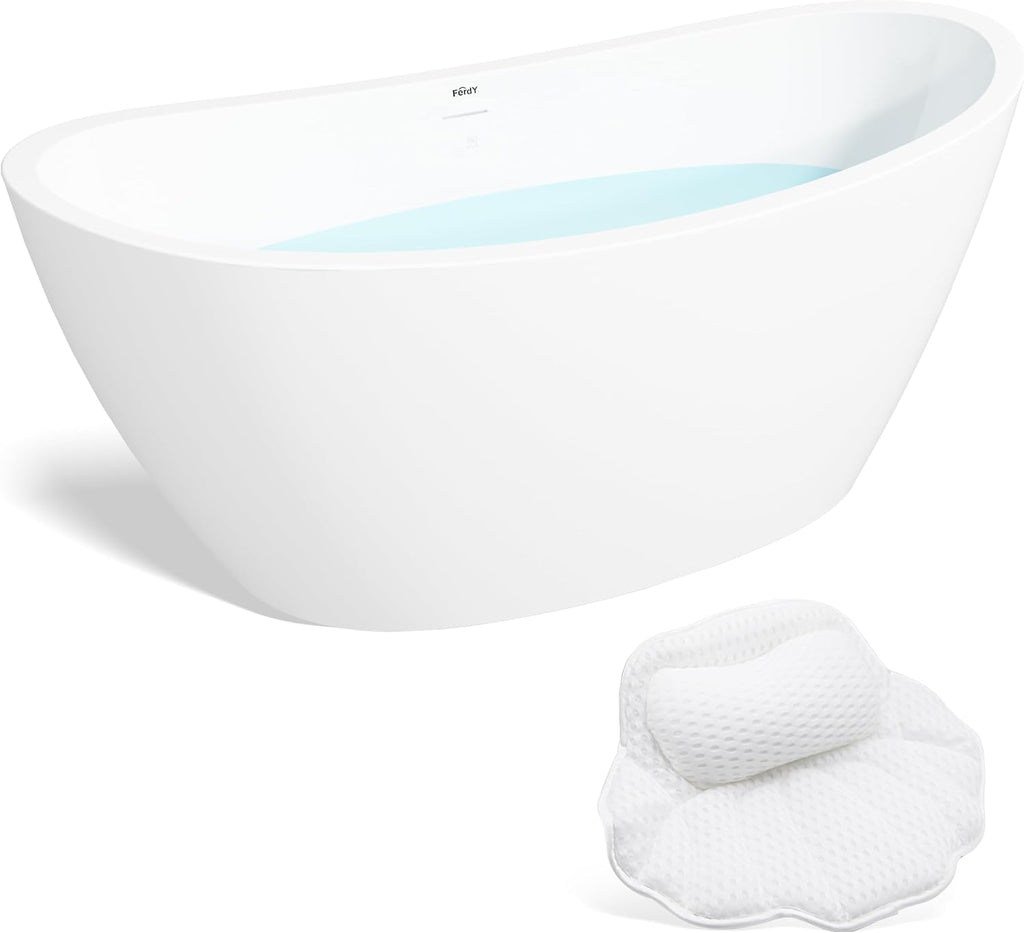 FerdY Naha 67' Acrylic Freestanding Bathtub, Curve Edge Freestanding Soaking Bathtub, Glossy White, cUPC Certified, Toe-Tap Chrome Drain& Bath Pillow for Bathtub,Thick Tub Pillows, Ergonomic Support