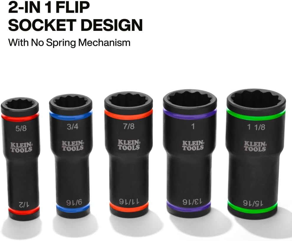 Klein Tools 66055 2-in-1 Flip Socket Set, Color-Coded, 12-Point, Includes 4 Adapters, 3/8-Inch and 1/2-Inch Drive
