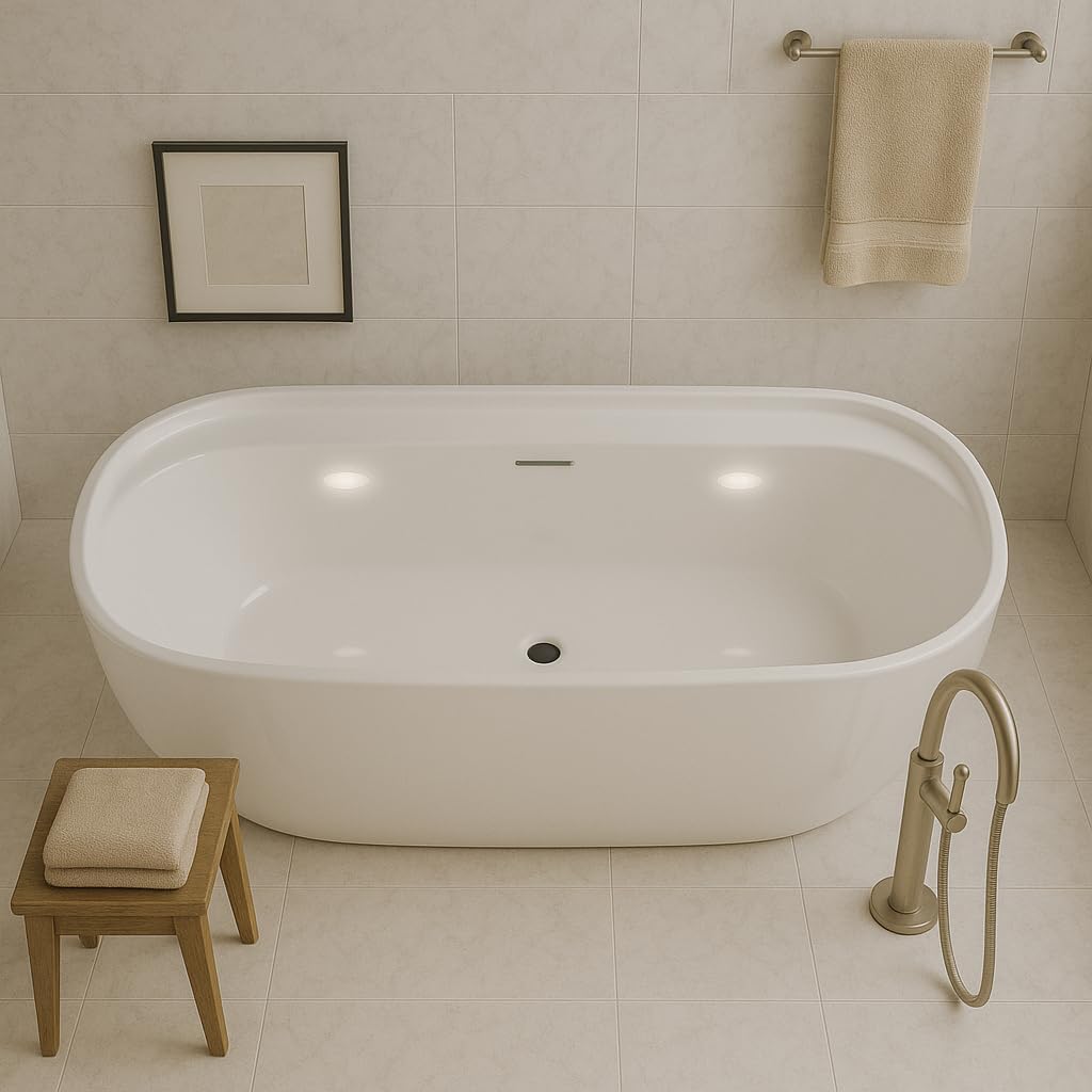 Carver Tubs - Graceful 59'- Freestanding Bathtub With White LED Light - 59″L x29'W x 23'H - Modern Contemporary Oval Tub - Chrome Center Drain