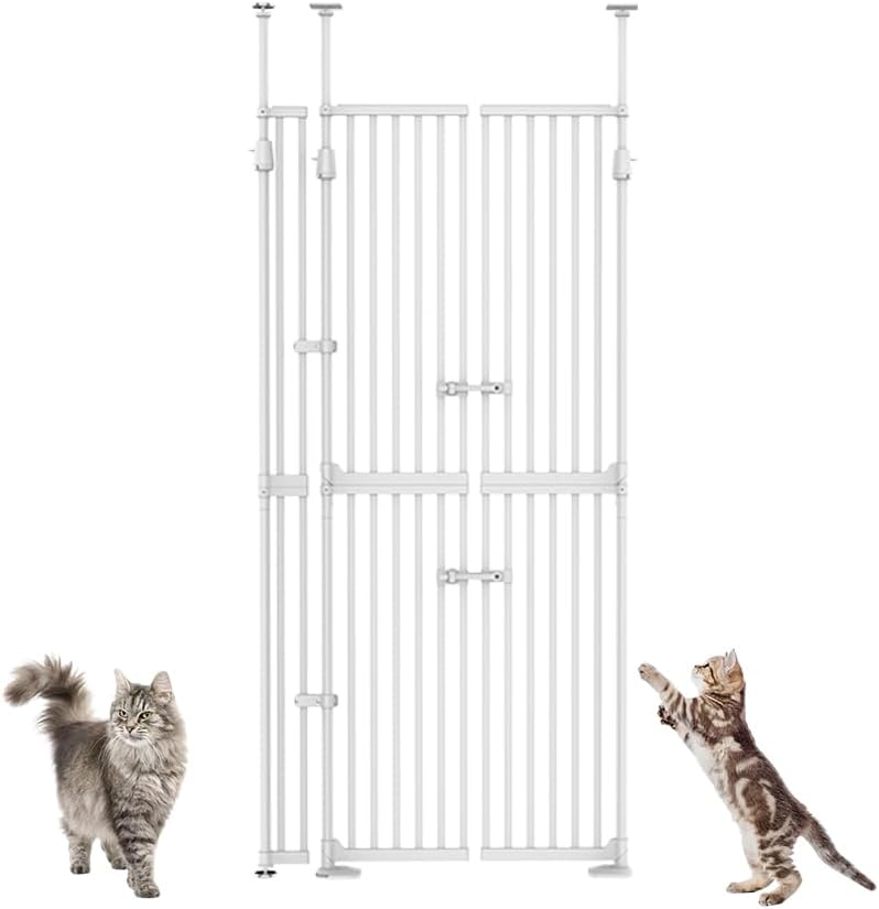 YGP 74.8-90.5' Extra Tall Cat Gate,30.3–38.2' Wide Pressure Mounted Cat Gate for Doorway, 1.3' Narrow Bar Cat Dog Proof Pet Gate,Auto Close No Drilling for Indoor Stairs Window Wall.White