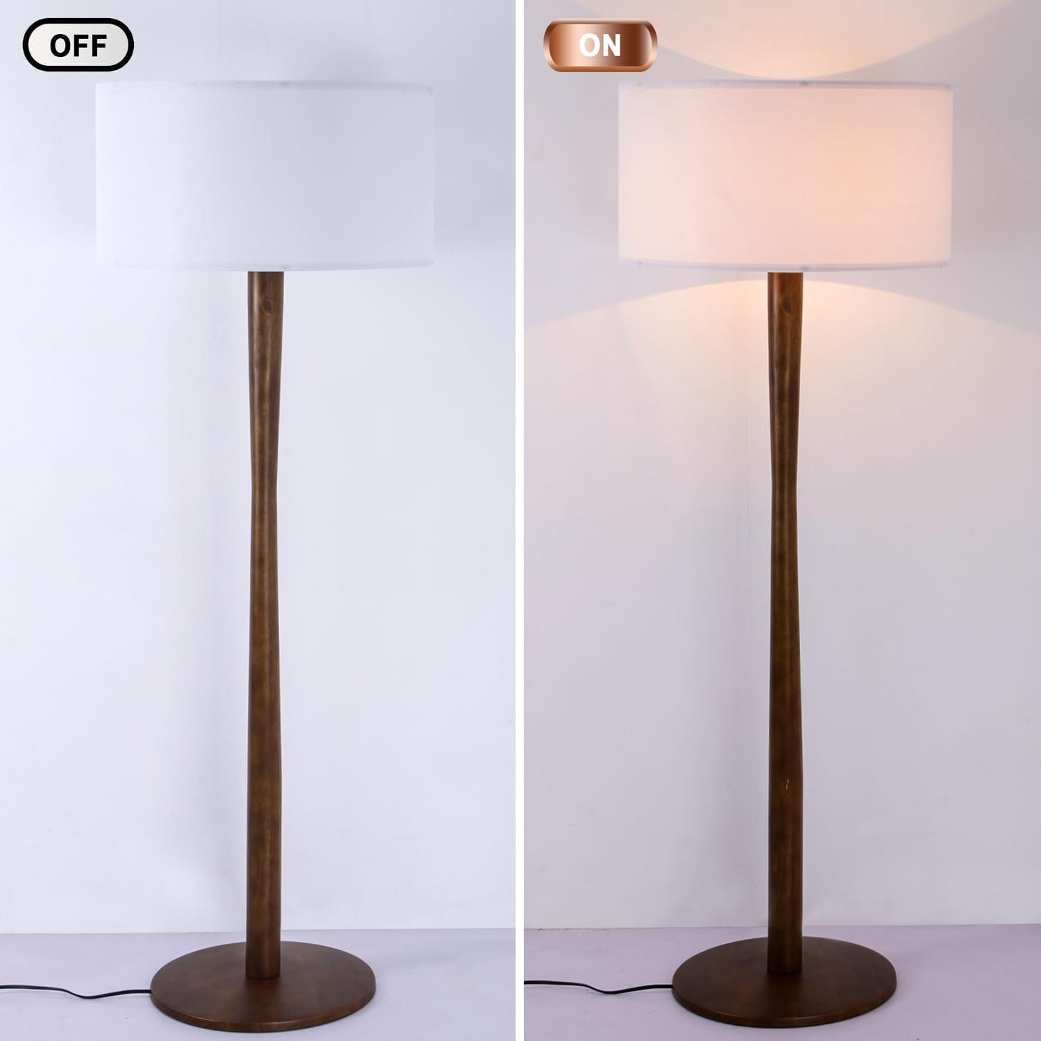 62' Tall Rustic Wood Floor Lamp for Living Room, Farmhouse Walnut Wood Floor Lamps with Linen Shade for Reading, UL Listed Stand Lamps with Woods Base for Bedroom, Corner, Office, White Shade