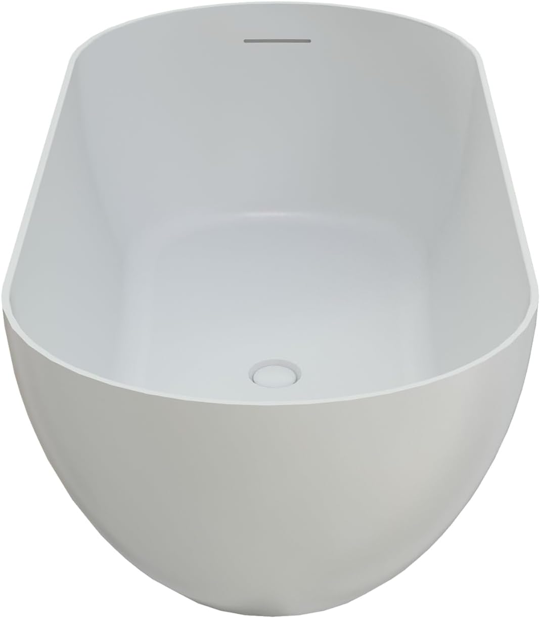 51' Premium Freestanding Solid Surface Bathtub, Oval Shape Stone Resin Soaking Tub with Overflow and Pop-up Drain, Matte White