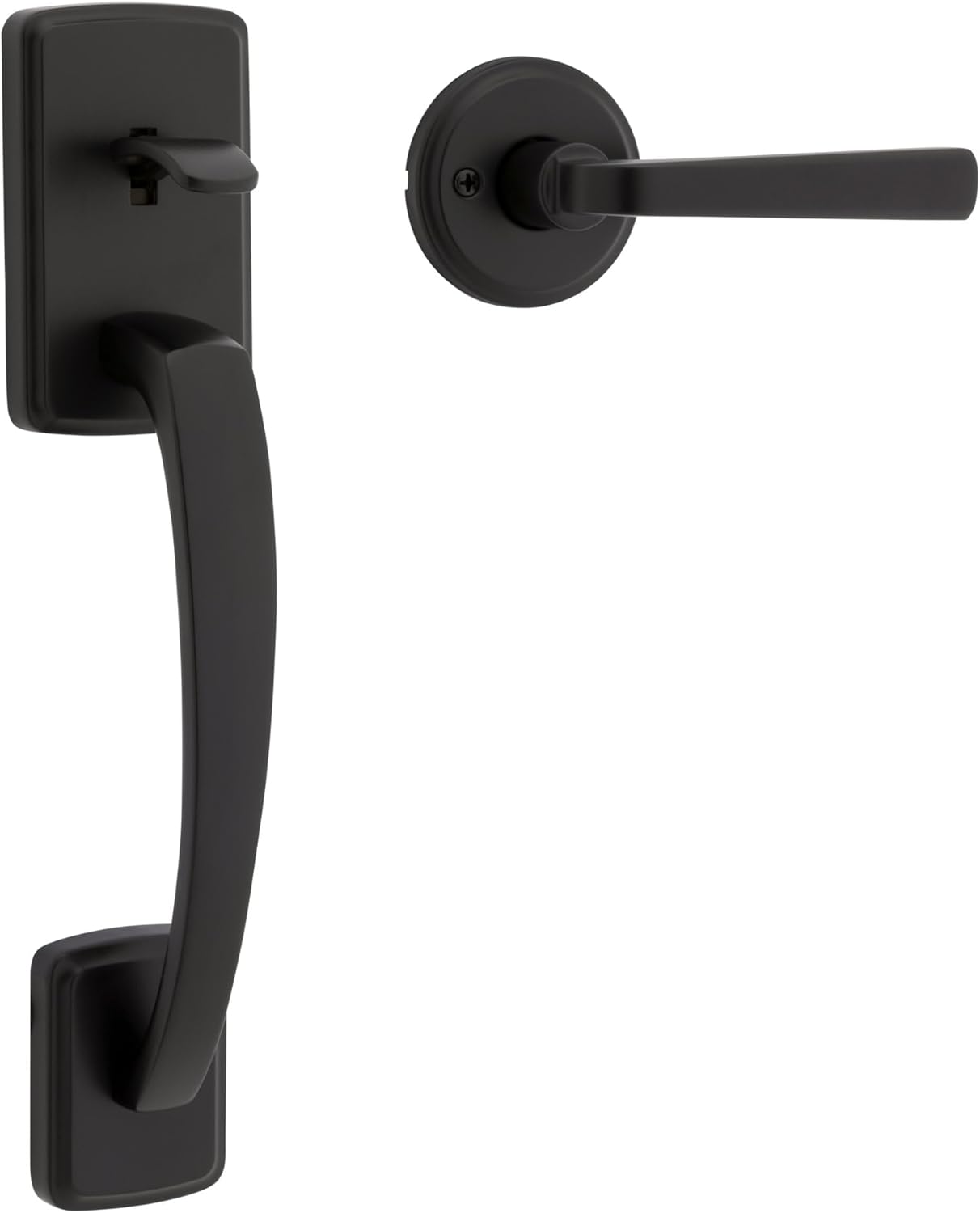 Kwikset Brentford Front Door Handle No Lock, Entry Handleset Exterior with Trafford Interior Reversible Lever, Non-Locking, Matte Black, Deadbolt Not Included