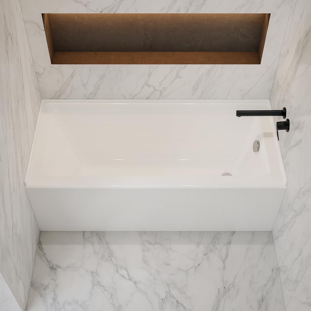 Carver Tubs - ALR6030 - Alcove Modern White Fiberglass Soaking Bathtub for Bathrooms - White Rectangle Modern Acrylic Tub w/Right Chrome Drain - Deep Relaxing Soak - 60' L x 30' W x 21.5' H