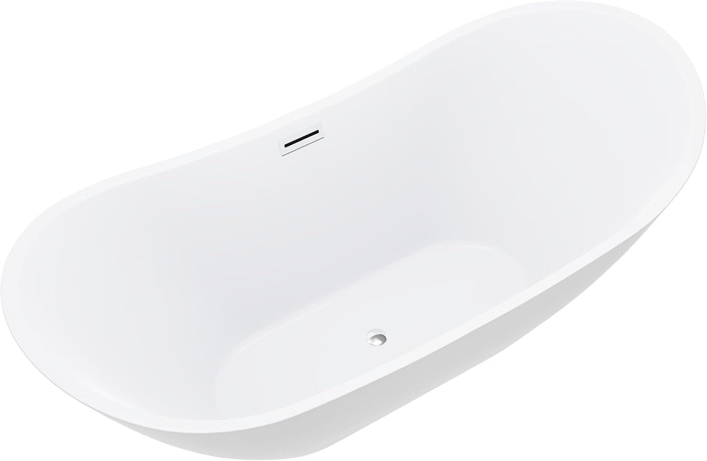 BuildMyplace Sky 67' Acrylic Freestanding Contemporary Soaking Bathtub with Glossy White Finish, Oval Shape, Chrome Plated Drain Cover & Pop Up-Overflow Hole