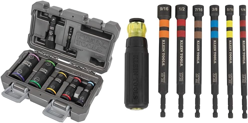 Klein Tools 66070 Impact Socket Set, Impact Driver Flip Socket, Five Sockets & 32950 Ratcheting Impact Rated Hollow Power Nut Driver Set with Handle, Magnetic