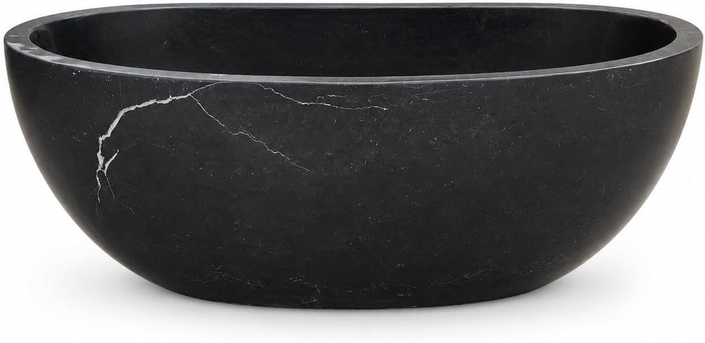 CHETTO C Black Marble Freestanding Bathtub, Luxury Oval Stone Soaking Tub with Smooth Curved Design, Deep Ergonomic Stand Alone Bath Tub for Master Suite, Spa & Hotel Bathroom 60'Lx29.53'Wx21.65'H