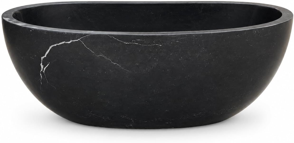 CHETTO C Black Marble Freestanding Bathtub, Luxury Oval Stone Soaking Tub with Smooth Curved Design, Deep Ergonomic Stand Alone Bath Tub for Master Suite, Spa & Hotel Bathroom 60'Lx29.53'Wx21.65'H