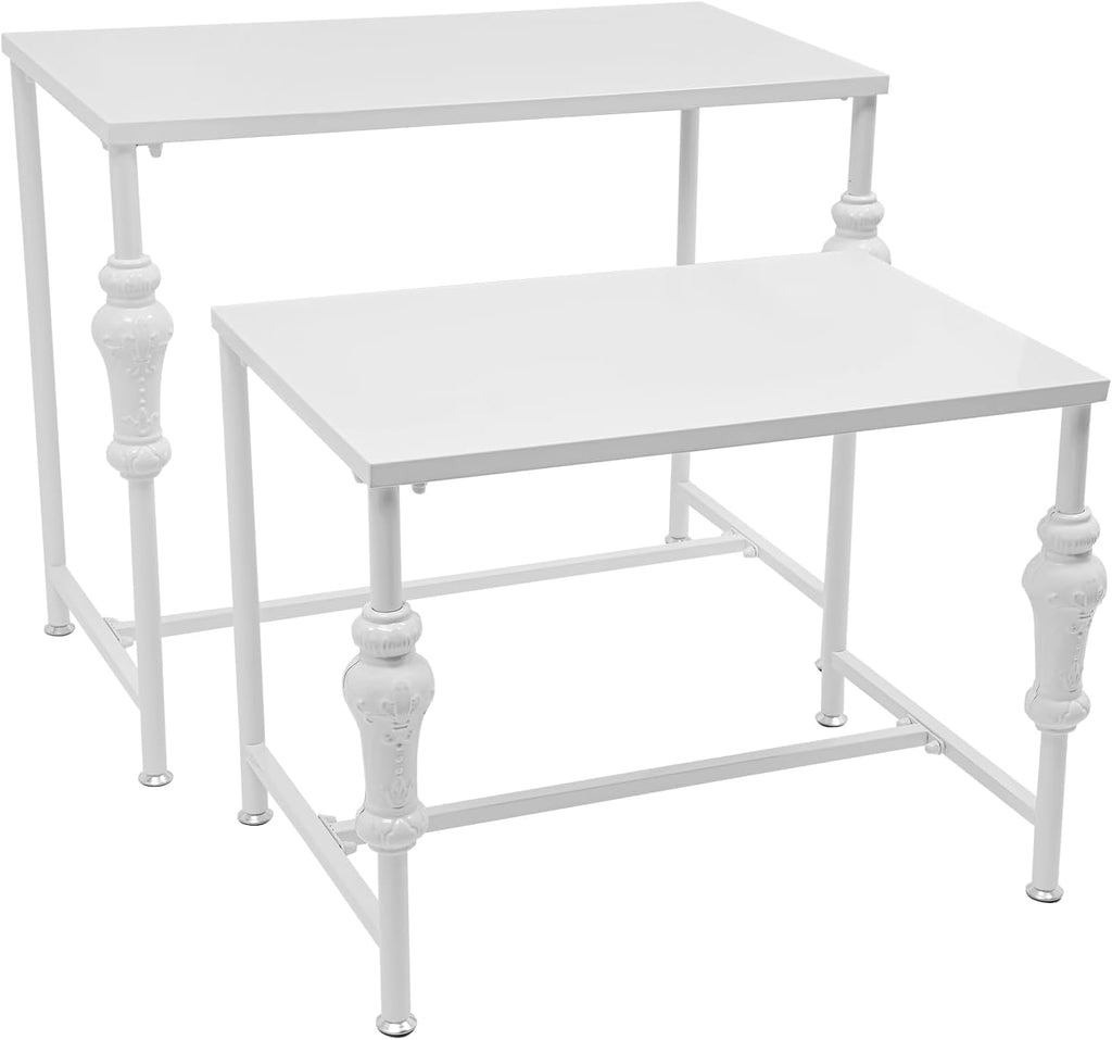 Industrial Retail Display Tables, Set of 2 Standing Clothing Shoes Display Rack, Heavy Duty Boutique Display Riser Storage Shelves, Garment Handbag Display Stand for Retail Clothing Store (White)