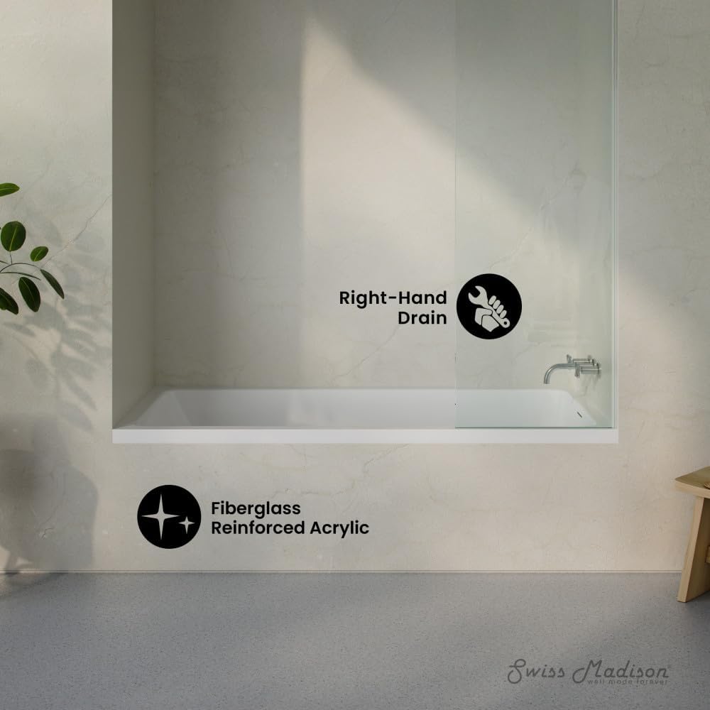Swiss Madison Voltaire 72 x 36 Right Drain Soaking Alcove Bathtub in Glossy White with Integrated Armrest