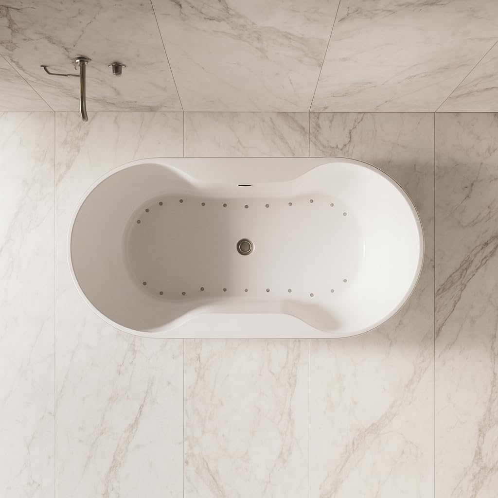 Carver Tubs - Harmony II 67' - Freestanding Bathtub With Heated Jetted Air Massage Chrome Drain & Center Slotted Overflow Included, White Contemporary Modern Oval Tub - 67'L x 34'W x 23.75'H