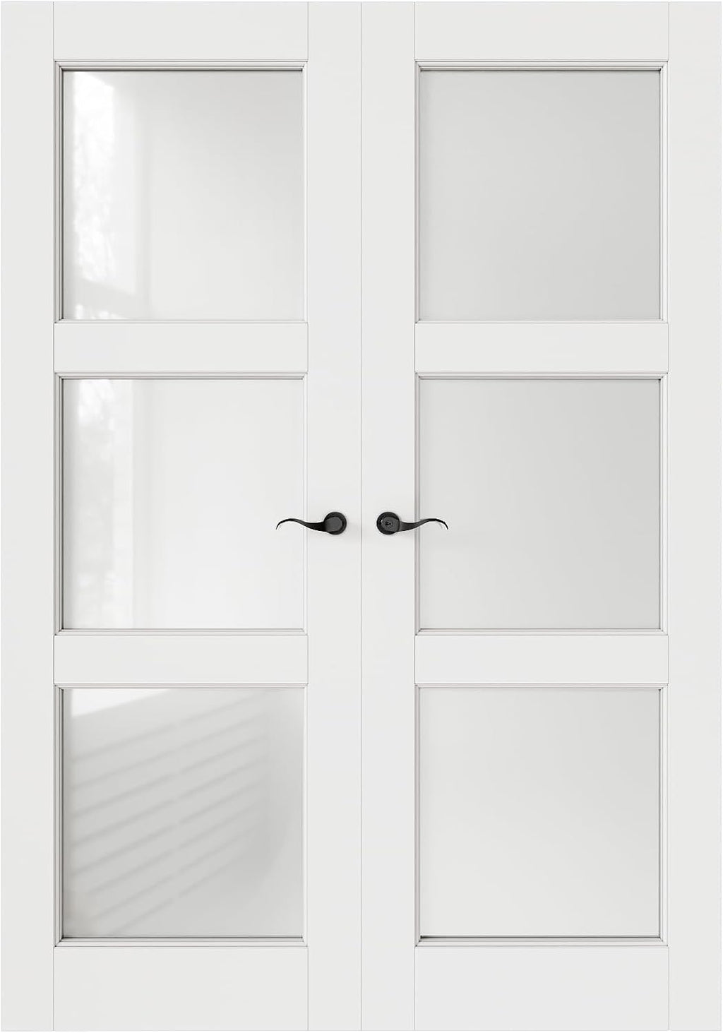 French Door 56' x 80' (Double 28' x 80') 3-Lite Frosted Glass Door Slabs with Pre-Hung Jamb, Black Hinges, Levers and Latch, White Primed, French Interior Doors with Frame, Swing Double Bedroom Doors