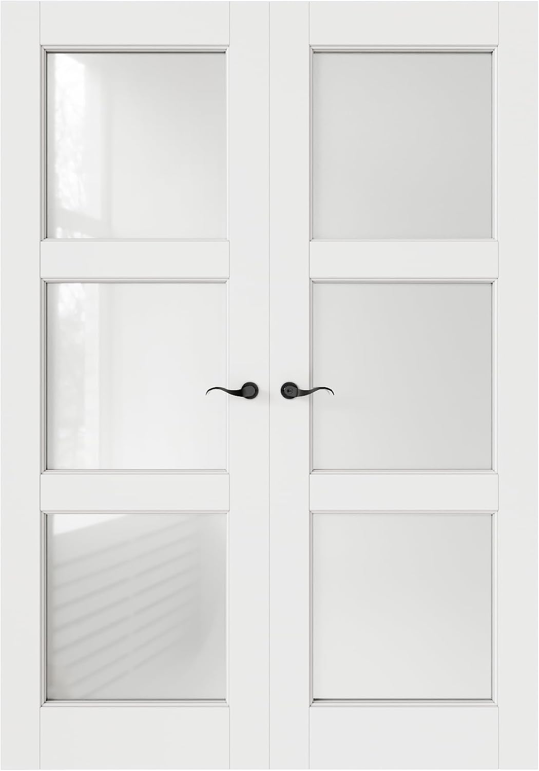 French Door 56' x 80' (Double 28' x 80') 3-Lite Frosted Glass Door Slabs with Pre-Hung Jamb, Black Hinges, Levers and Latch, White Primed, French Interior Doors with Frame, Swing Double Bedroom Doors