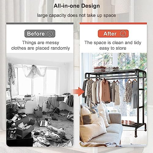 Mobile Garment Rack on Wheels, Double-Rail Clothes Rack with 2 Shelves, 150kg Capacity, Perfect for Bedroom & Hallway, Durable Metal 150x50x1 cm Clothing Organizer