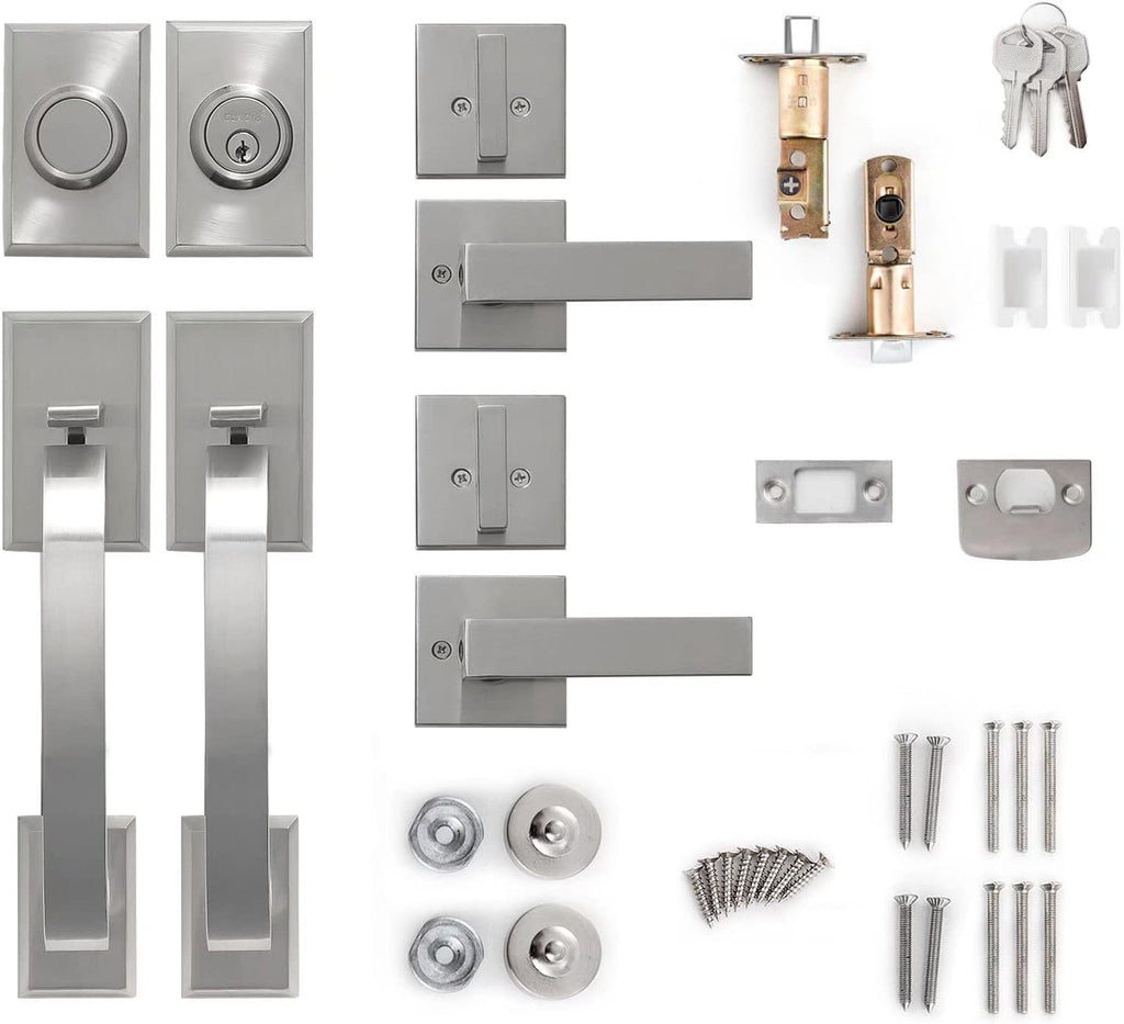 Double Front Door Handle Set with Heavy Duty Lock, Satin Nickel Finish, Suitable for Front or Office Door