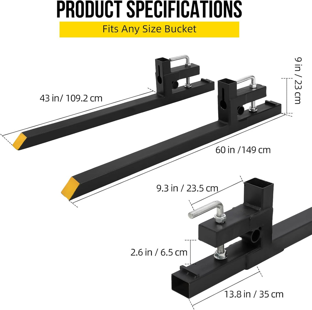 PeakPursuit 60' 4000lbs Clamp on Pallet Forks Heavy Duty Tractor Forks with No Adjustable Stabilizer Bar Quick Attach Pallet Fork for Bucket Tractor Loader Skid Steer