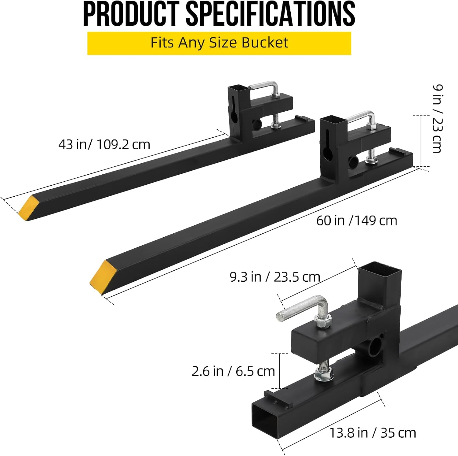 PeakPursuit 60' 4000lbs Clamp on Pallet Forks Heavy Duty Tractor Forks with No Adjustable Stabilizer Bar Quick Attach Pallet Fork for Bucket Tractor Loader Skid Steer