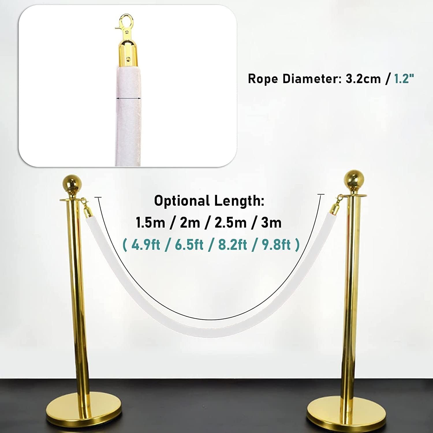 Premium Velvet Rope with Polished Gold Hooks, 2 PCS Queue Barrier for Weddings & Hotels, Elegant White Color, 2m/6.6ft Length, Perfect for Events & Crowd Control