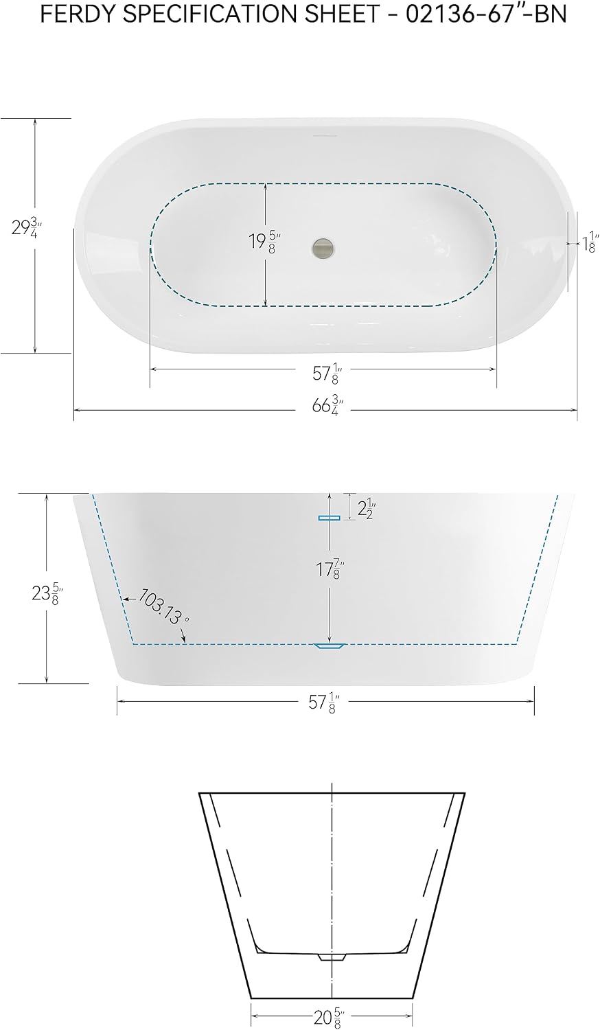 FerdY 67' Shangri-La Elite, Acrylic Freestanding Bathtub, Modern & Contemporary Design Soaking Tub with Brushed Nickel Pop-Up Drain & Bath Pillow for Bathtub,Thick Tub Pillows, Breathable 4D Air Mesh