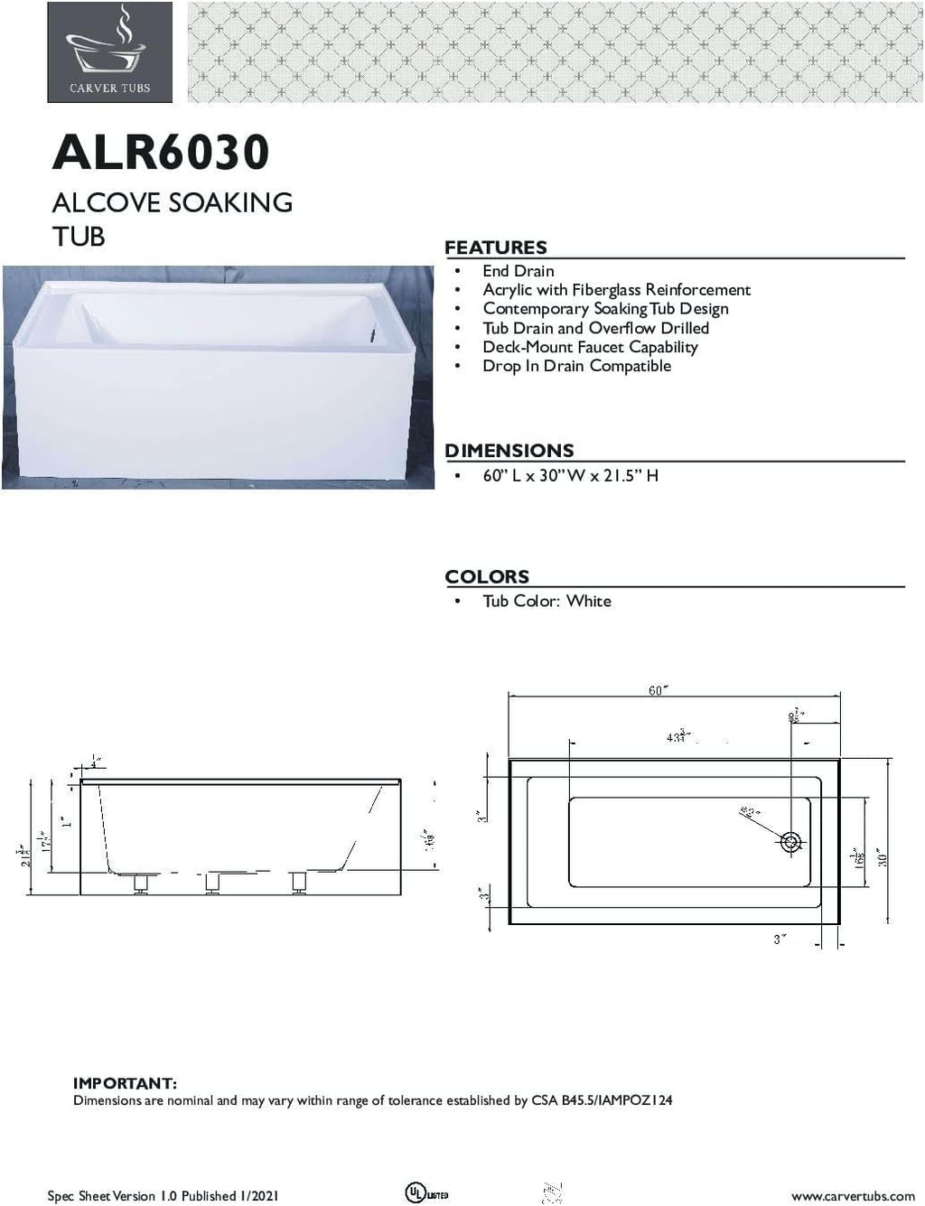 Carver Tubs - ALR6030 - Alcove Modern White Fiberglass Soaking Bathtub for Bathrooms - White Rectangle Modern Acrylic Tub w/Right Chrome Drain - Deep Relaxing Soak - 60' L x 30' W x 21.5' H