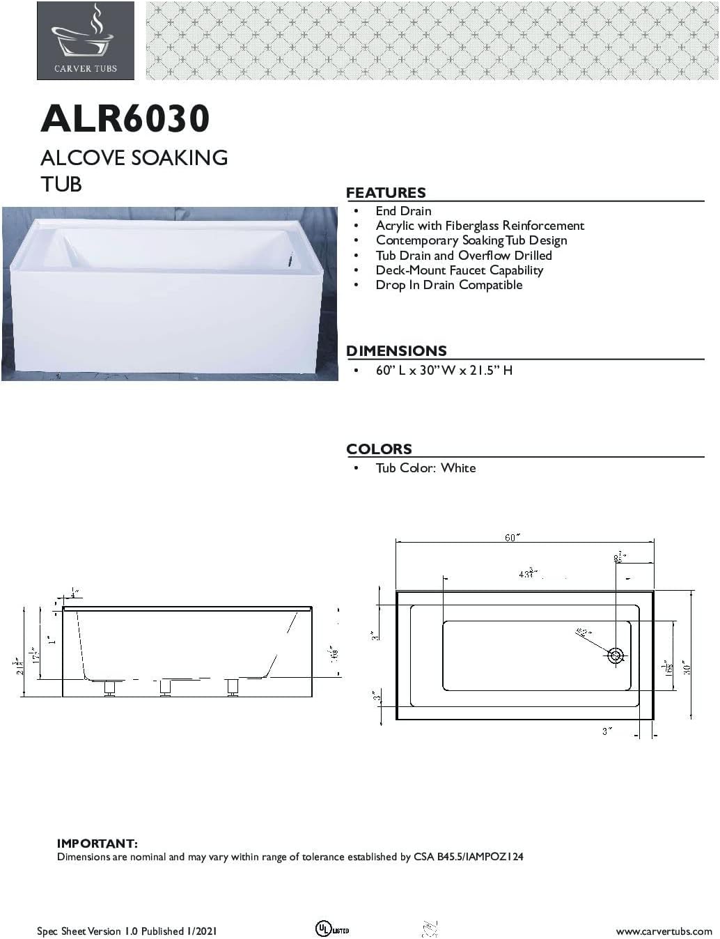 Carver Tubs - ALR6030 - Alcove Modern White Fiberglass Soaking Bathtub for Bathrooms - White Rectangle Modern Acrylic Tub w/Right Chrome Drain - Deep Relaxing Soak - 60' L x 30' W x 21.5' H