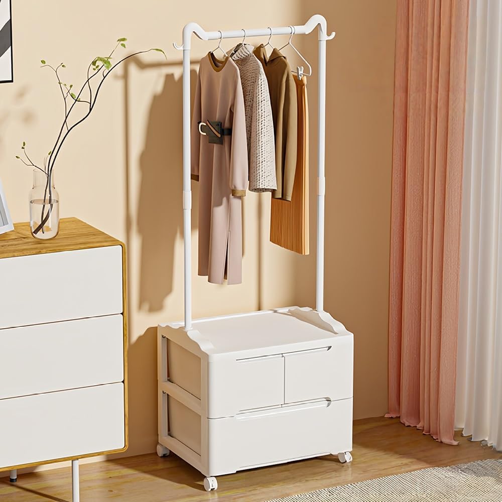 Freestanding Clothes Rack with Storage Drawers, Bedroom Wardrobe Organizer with Rolling Wheels, Small Space Garment Rack Cabinet for Entryway or Dorm(18.1 * 15.1 * 61.4in)