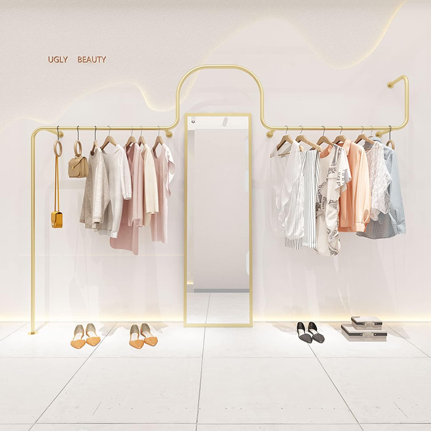 Display Rack for Women's Clothing Store,Wall Mounted Industrial Pipe Garment Rack,Metal Floor Shelf for Retail Display/Laundry/Boutique/Clothing Store (G-300cm/118in