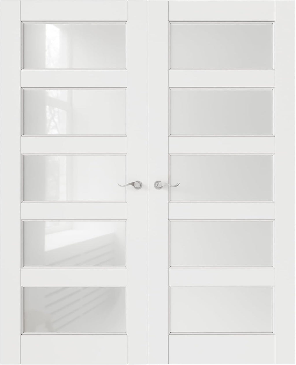 French Door 72' x 80' (Double 36' x 80') 5-Lite Frosted Glass Door Slabs with Pre-hung Jamb, Silver Hinges, Levers and Latch, White Primed, French Interior Doors with frame, Swing Double Bedroom Doors