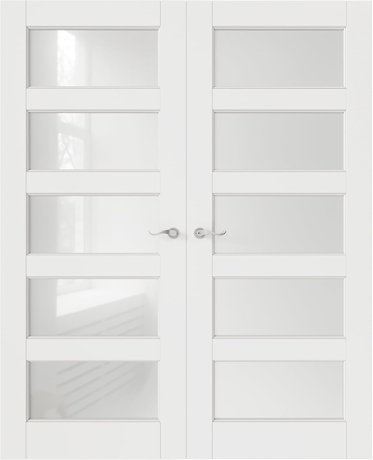French Door 60' x 80' (Double 30' x 80') 5-Lite Frosted Glass Door Slabs with Pre-hung Jamb, Silver Hinges, Levers and Latch, White Primed, French Interior Doors with frame, Swing Double Bedroom Doors