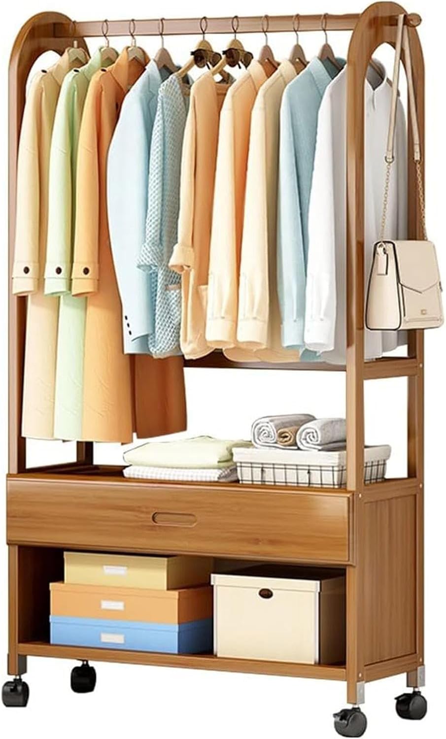 Heavy Duty Bamboo Rolling Clothes Rack with Drawer, 90cm Freestanding Garment Rack on Wheels for Entryway, Living Room & Bedroom Storage Solutions