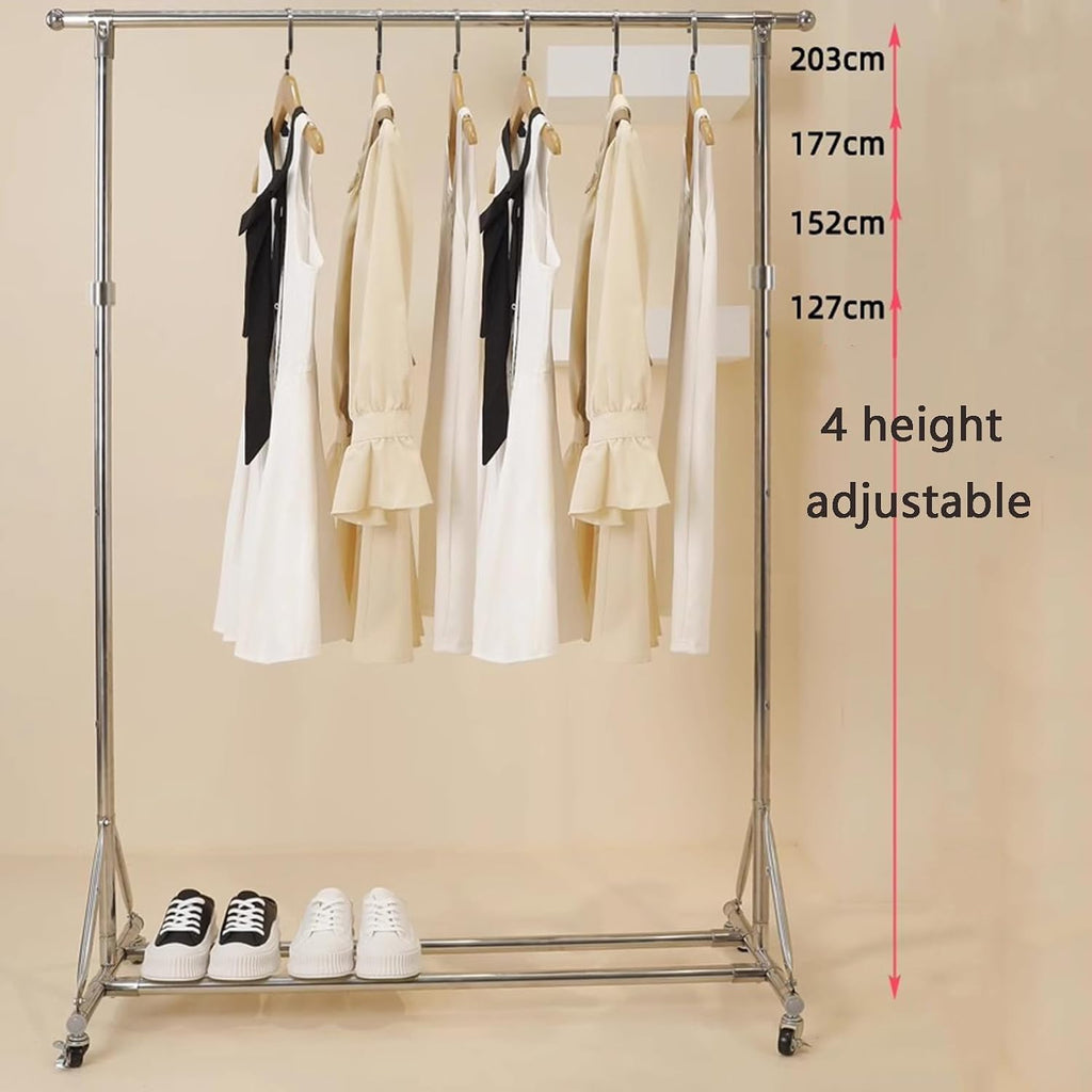 Heavy Duty Coat Rack, Garment Rack 304 Stainless Steel Clothes Rail on Wheels, Extendable Hanging Rail Clothing Rack, Adjustable Height, 90 kg Load Capacity, Easy Assembly