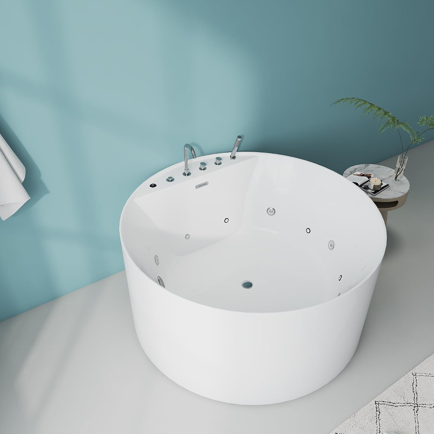 Premium 47' X 47' Freestanding Whirlpool Acrylic Bathtub with Overflow and Drain, Round White Free Standing Tub With Faucet, Chromatherapy LED Lights