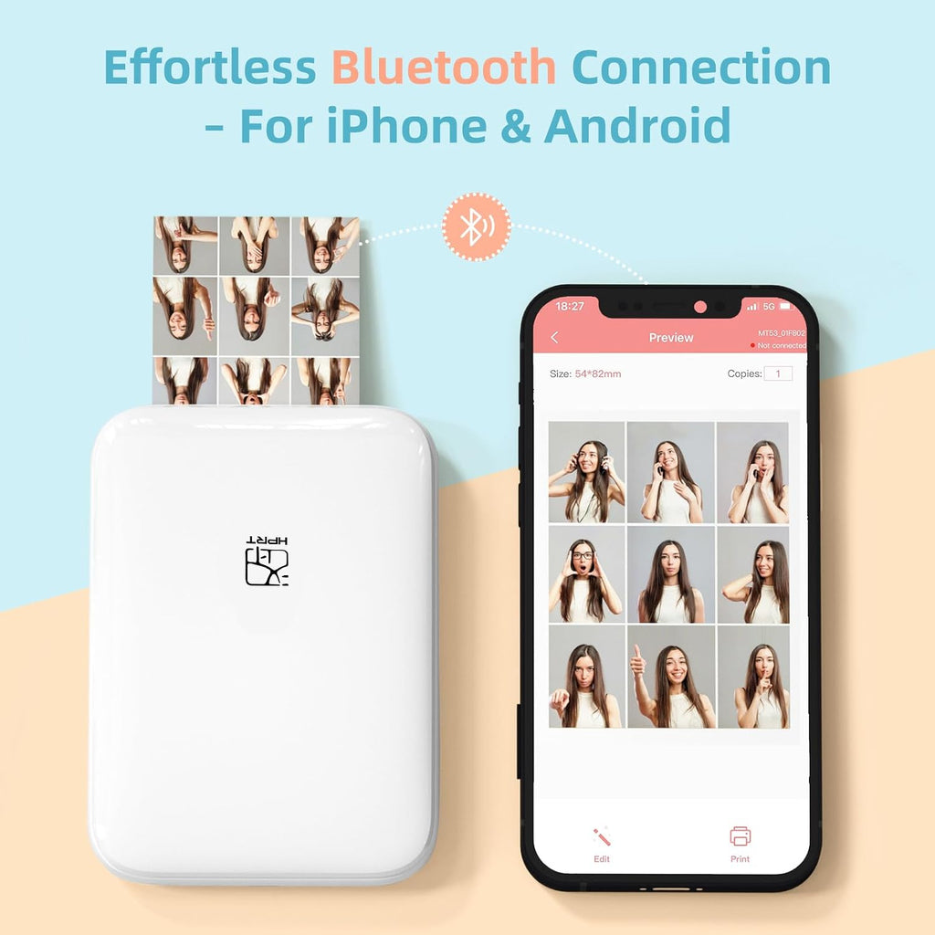 HPRT MT53 Mini Photo Printer with 50 Sheets Adhesive Paper, 2x3 Instant Portable Color Printer, Compatible with iOS & Android, Bluetooth Small Printer for Smartphones & iPhone