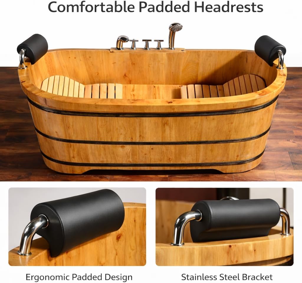OGOLUOG Cedar Wood Soaking Tub Freestanding Wooden Bathtub with Adjustable Seat Backrest and Headrest, Adult Spa Bath Tub 47.2'–63' for Home Bathroom (NW, 55')