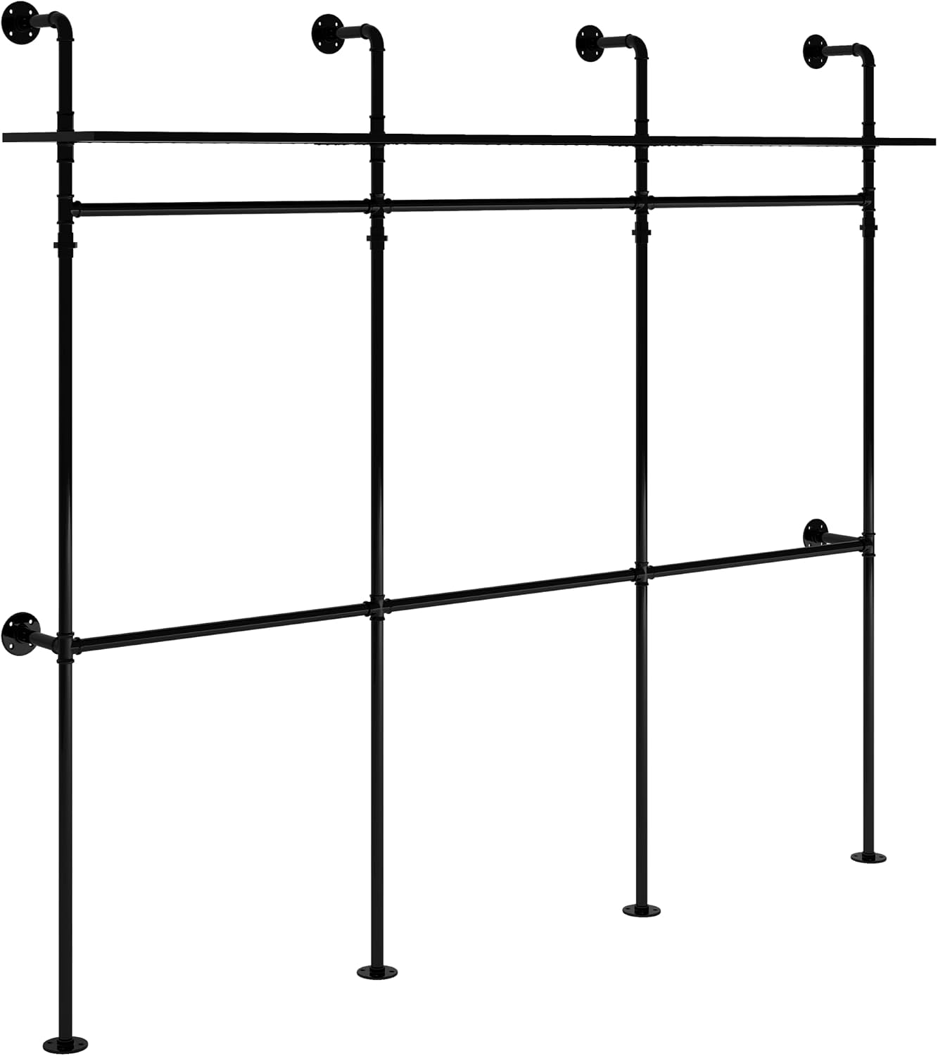 Industrial Pipe Clothing Rack Reversible 118.3'' Clothes Rack for Hanging Clothes Heavy Duty Garment Rack Closet Wardrobe Rack with LED Lights Shelves Walk-in Closet System Black Three