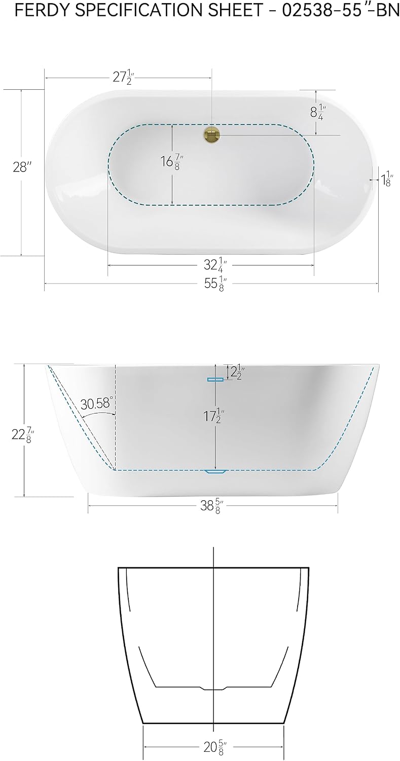 FerdY 55' Acrylic Freestanding Bathtub, Contemporary Soaking tub with Polished Gold Drain & Overflow, Elegant Oval Shape, cUPC Certified, Bali