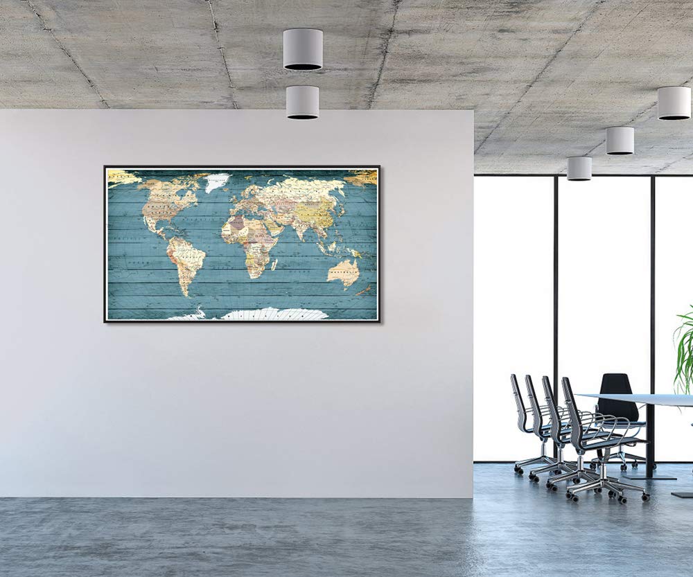 Welmeco XLarge Blue Rustic Wood Background Detailed World Map Canvas Prints with Black Frame Vintage Travel Map of The World Picture for Modern Home Office Living Room Decoration, 32x55inch Large Size
