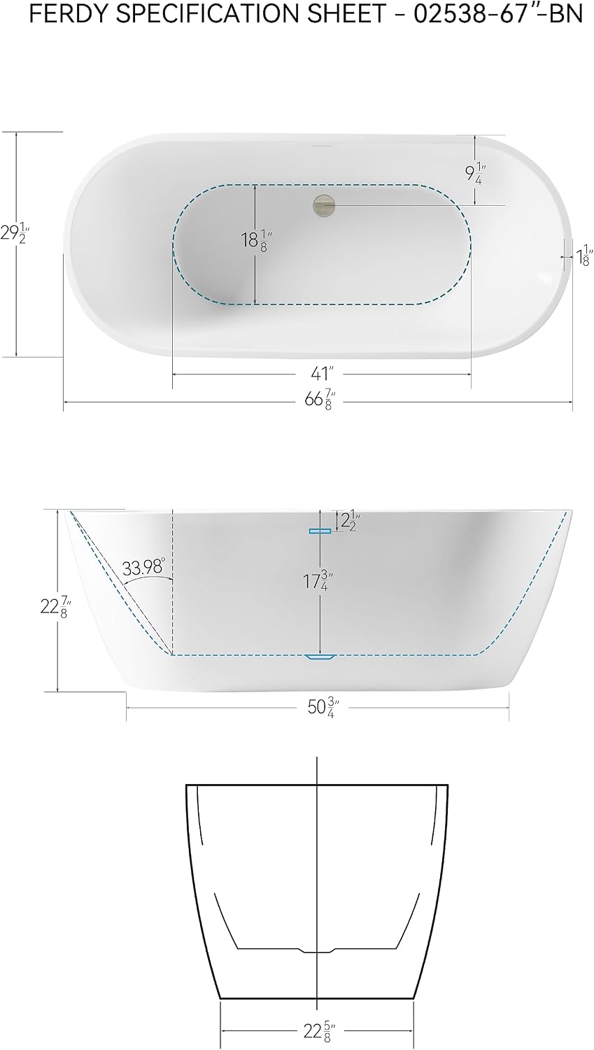 FerdY 67' Acrylic Freestanding Bathtub, Contemporary Soaking tub with Brushed Nickel Drain & Overflow, Elegant Oval Shape, cUPC Certified, Bali