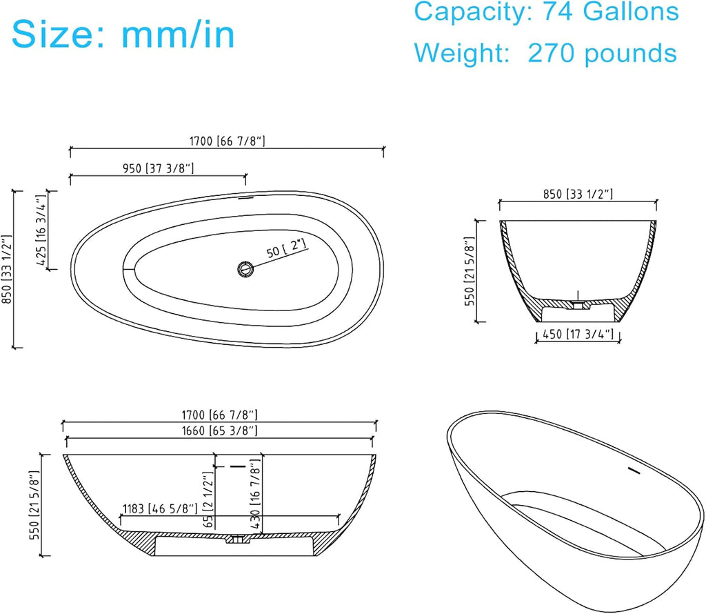 67' Stone Resin Freestanding Bathtub, Egg Shaped Bathroom Freestanding Tubs, Stand Alone Soaking Tubs with Integrated Slotted Overflow and Drain, Matte White