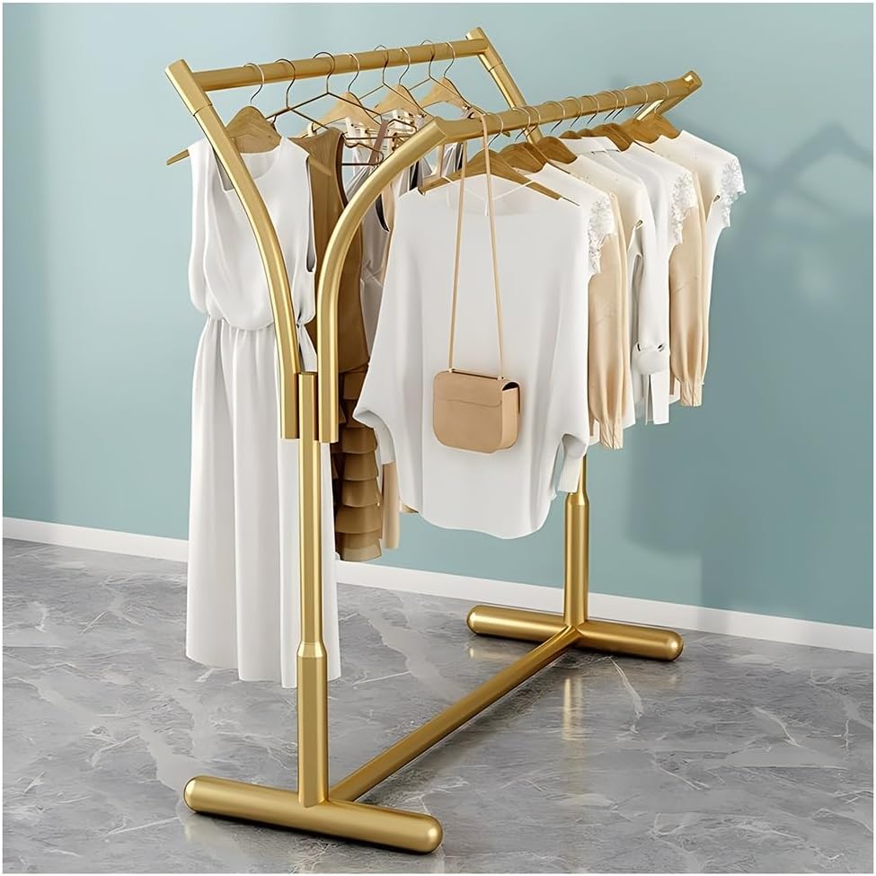 Floor Standing Retail Metal Clothing Rack, Heavy Duty Double-Rod Movable Clothing Shelf, Multifunctional Standing Rolling Garment Rack, for Shopping Mall Clothing Store (Gold a)