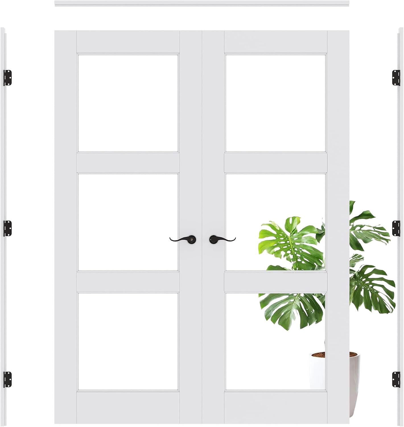 Prehung French Door 56' x 80' (2x28 in), 3-Lite Tempered Clear Glass Door Slabs with Jamb, Black Hinges, 4 Levers & Latch, Solid Core Interior Door, Pre-Finished & Paintable,Double Doors Interior