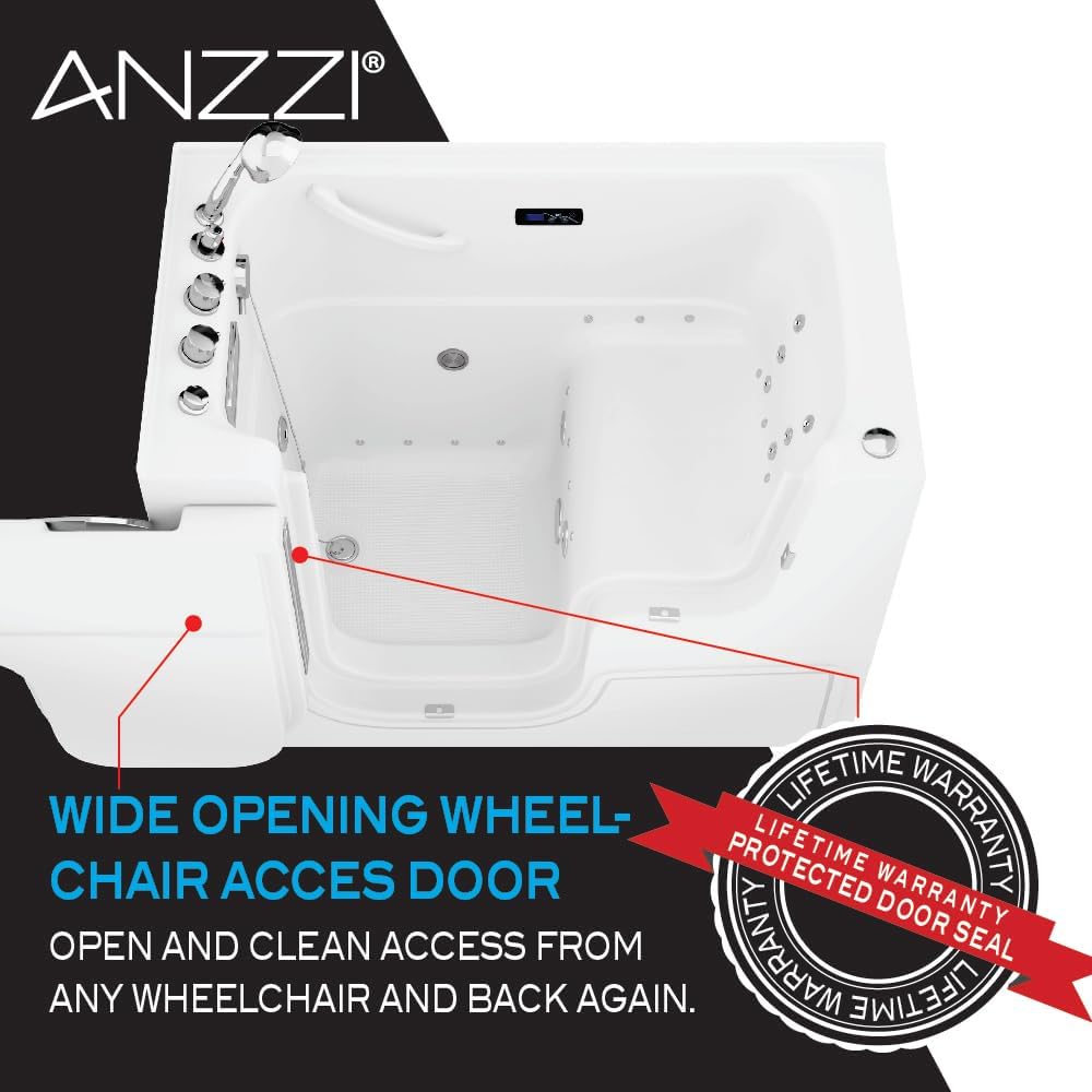 ANZZI Walk In Tub for Seniors 29 x 52 In Right Drain Wheelchair Accessible Bathtub Dual Therapy 12 Whirlpool Jets 18 Air Jets Inline Heater Quick Fill ADA Seat Acrylic White | 2953WCRWD