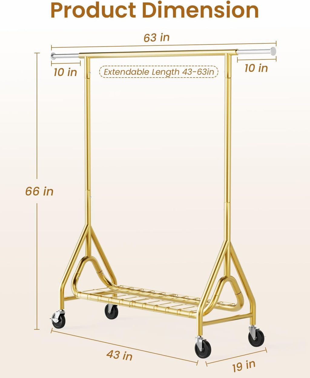 Heavy Duty Clothes Rack, Metal Clothing Rack Load 450 LBS, Rolling Coat Racks for Hanging Clothes with Lockable Wheels, Silver+Gold