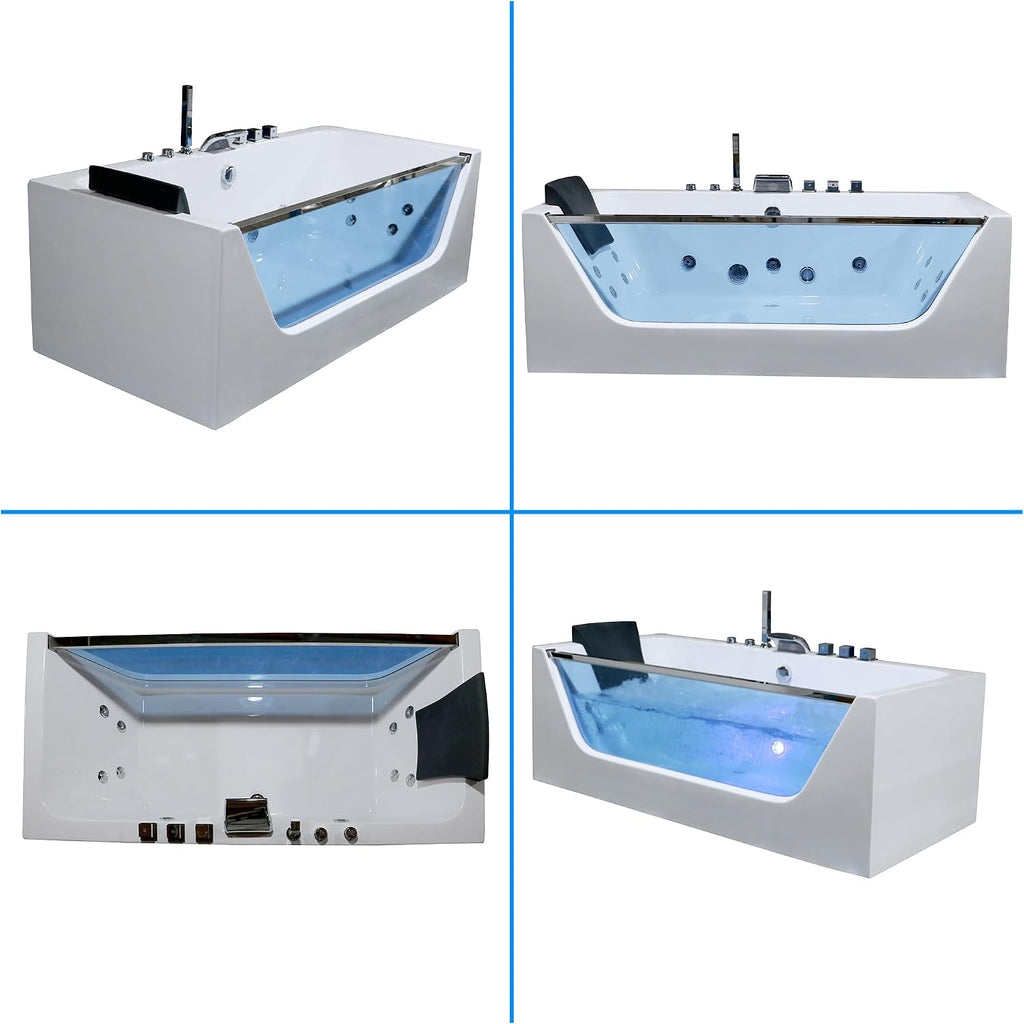 60' Acrylic Freestanding Whirlpool Bathtub Contemporary Soaking Tub Hydro Massage with Center Drain, Chromatherapy, Water Jetted and Air Bubble, Built-in ambient lighting