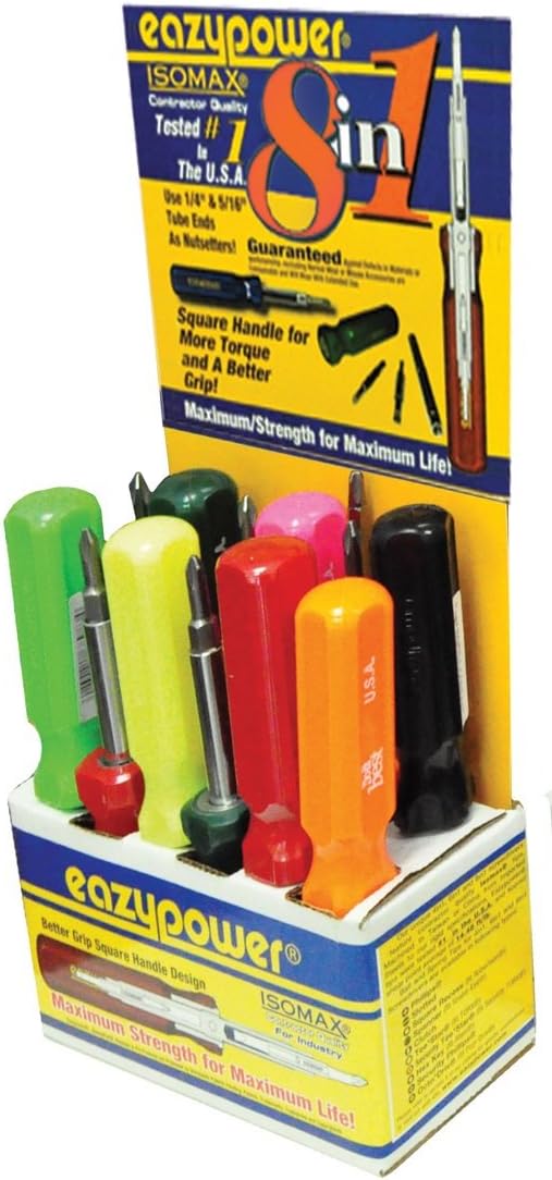 Eazypower 81667 12-Pack Hot Colors 8-in-1 Molded Handle Screwdriver 4-5/8-10 Slotted; #1/#2 Phillips; T15/T20 Tee*Star; 1/4 and 5/16-inch Nut Setters