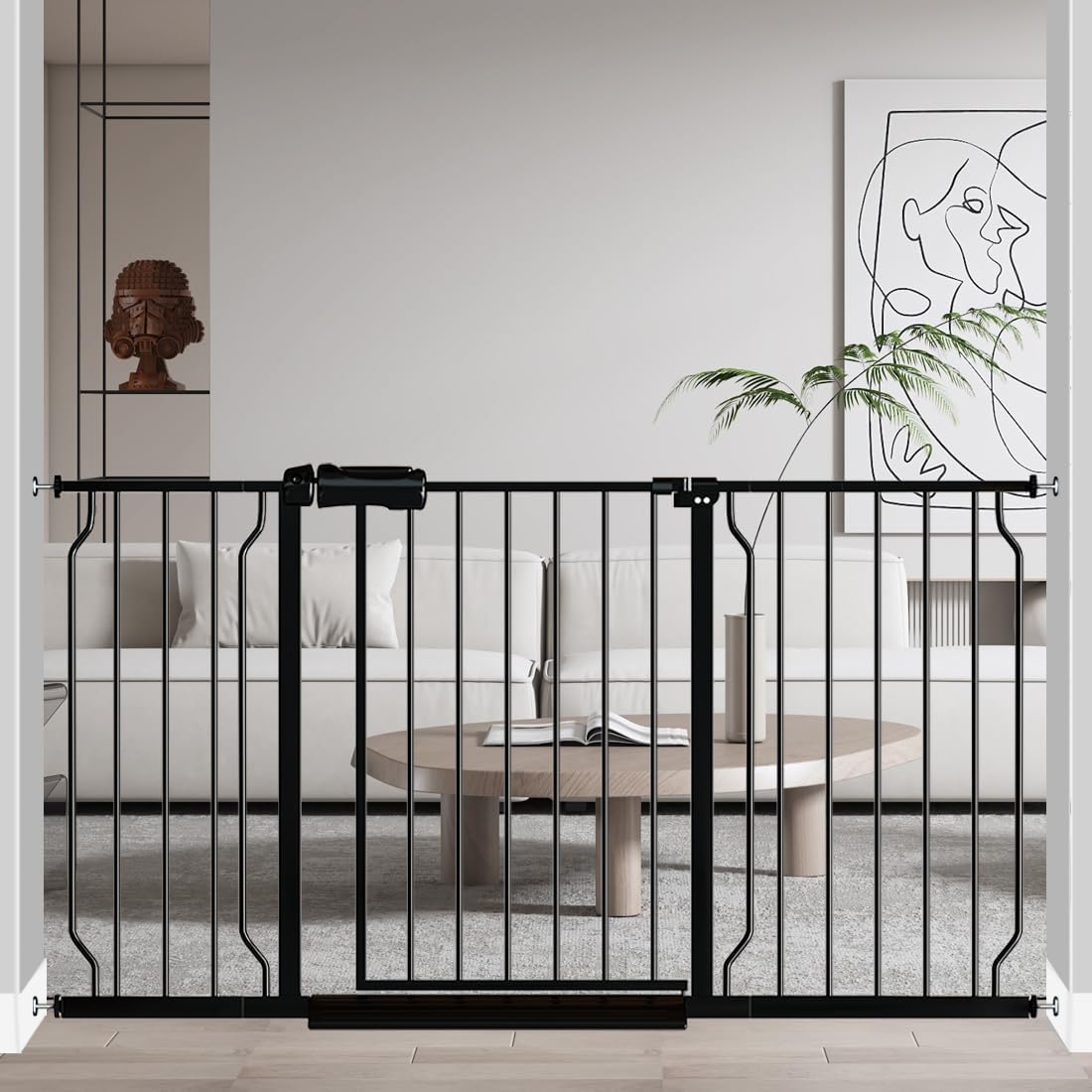 Fairy Baby Extra Wide Baby Gate Black 53-57.5 Inch Wide, Walk Through Pressure Mounted No Drill for Doorways, Long and Large Tension Gate for Pet and Kids