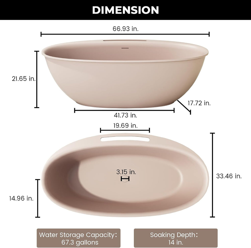 CASAINC 67' Solid Surface Free Standing Tub Blush Beige Stone Resin Freestanding Bathtub Soaking Tub with Drain, Drain Hose & Sanding Paper