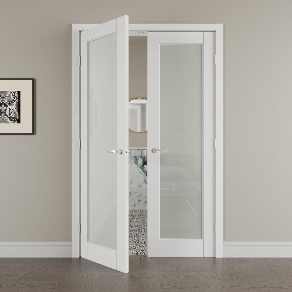 36' x 80' French Doors Interior (Double 18' x 80' Glass Frosted Glass Door with Silver Hinge Prehung Jamb Kit), Pre-Finished & Paintable, Prebuilt Home Door Panels & Assembly Required Jamb