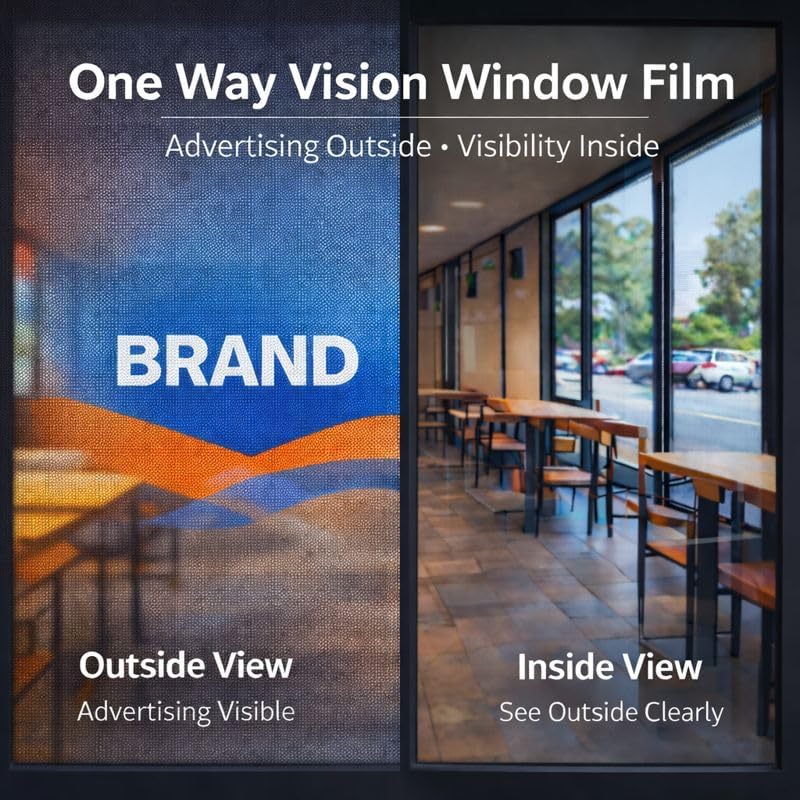 Custom Perforated Window Film – One Way Vision Storefront Window Decal, Personalized Business Window Sign for Retail & Restaurant Advertising, Outside Visible Inside Clear (36' × 72')