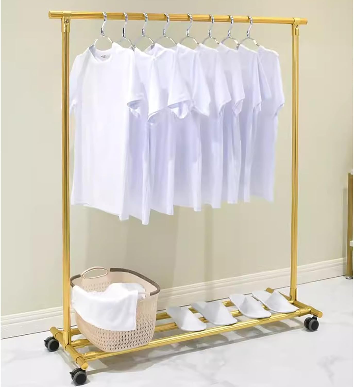 Heavy duty Garment rack Aluminum Alloy Clothing Rack On Wheels, Heavy Duty Clothes Rack With Shelves, Portable Closet Organizer For Hanging Clothes, Living Room Bedroom Clothes Rail (Rose Gold )